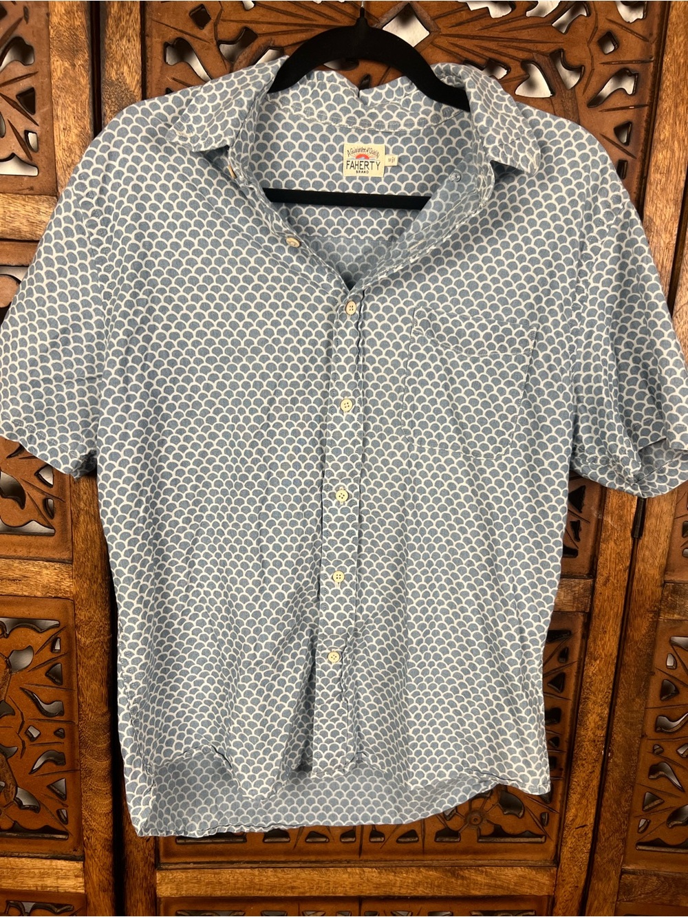 Faherty Short-Sleeve Blue Patterned Button-Up Shirt